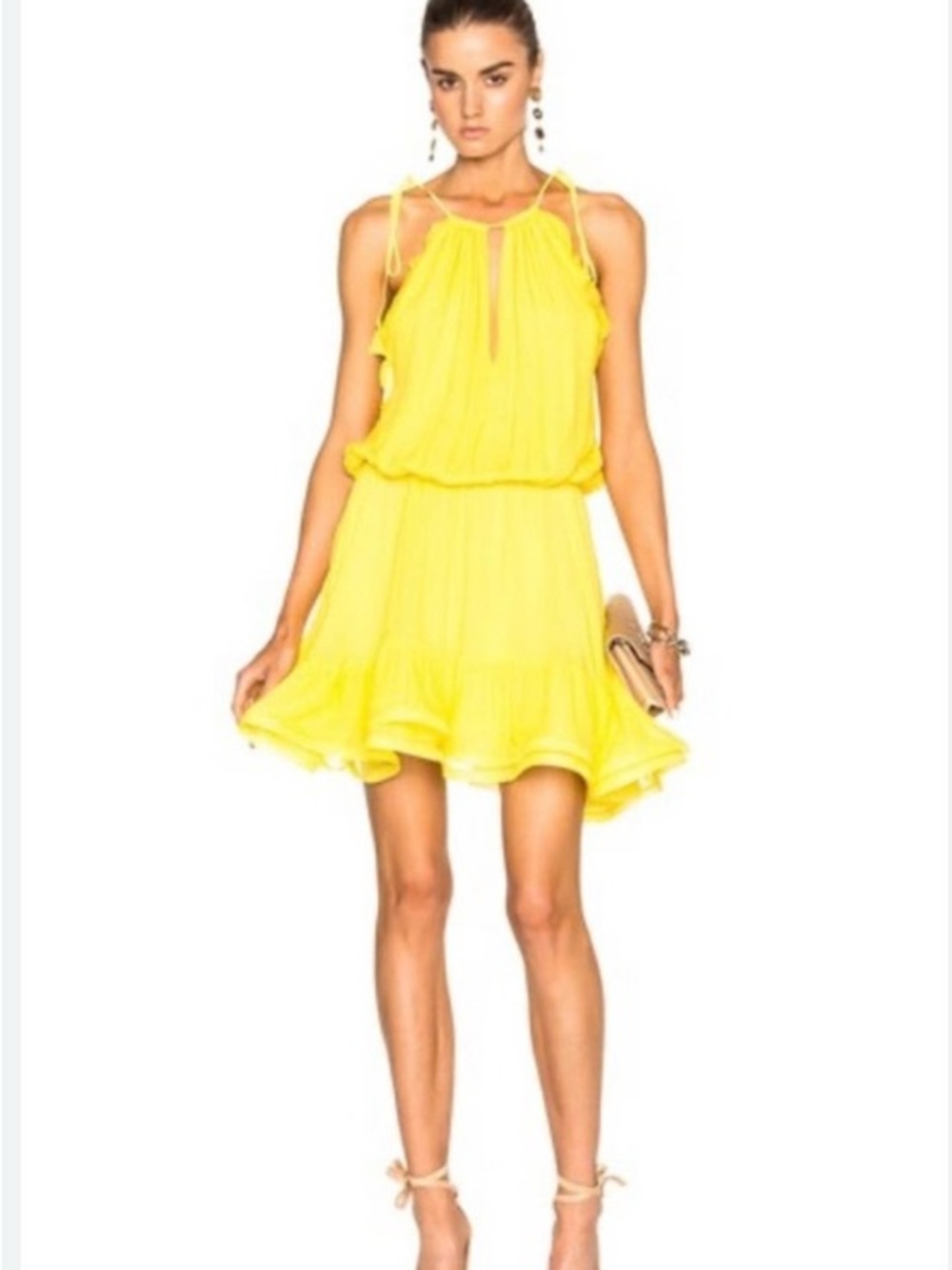 Alexis Yellow Halter Tie-Shoulder Ruffle Mini Dress 100% silk